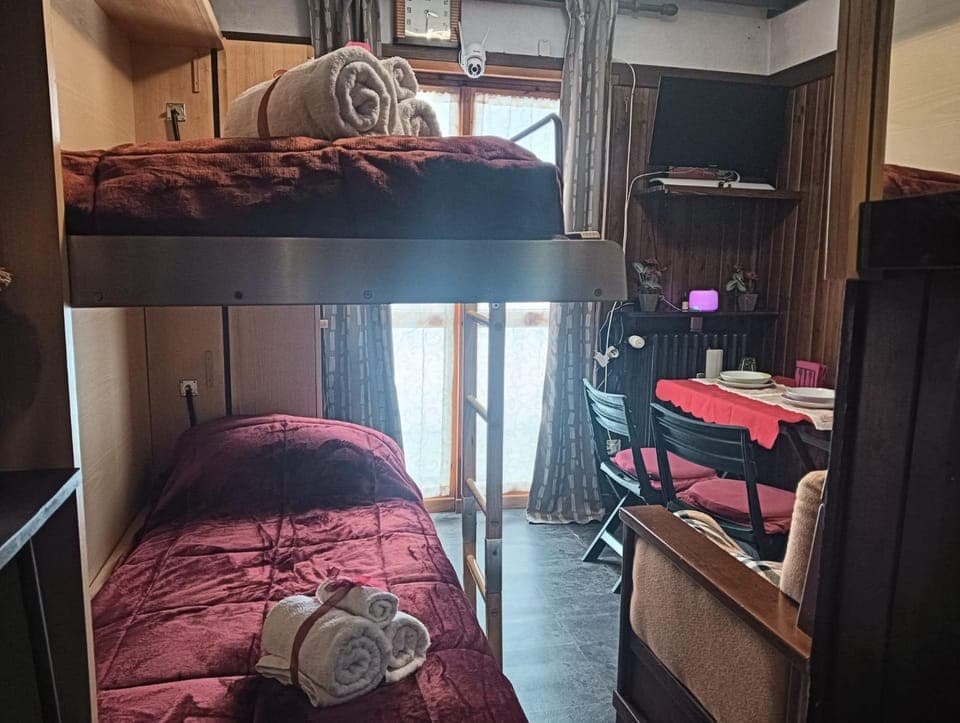 Bed, TV and multimedia, Living room, Photo of the whole room, Seating area, Bedroom, bunk bed, towels