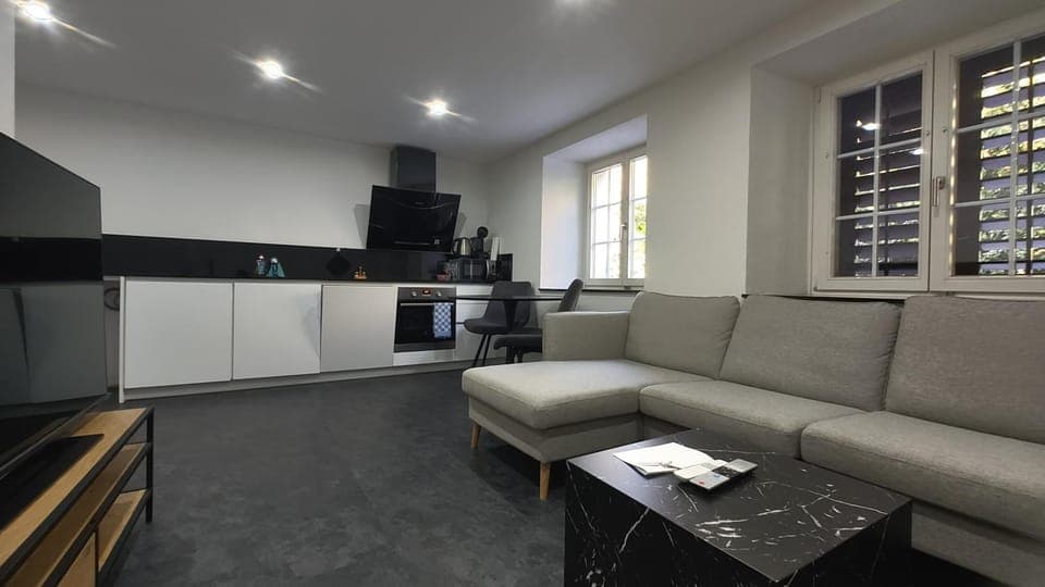 Kitchen or kitchenette, Living room, Seating area, stove