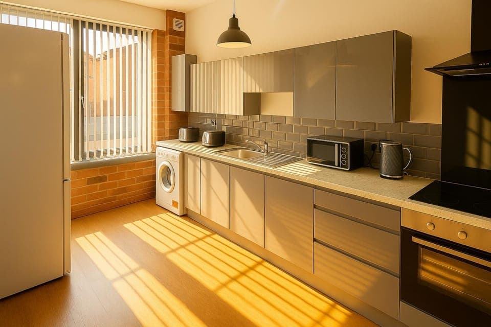 Kitchen or kitchenette, microwave, oven, toaster, kitchen