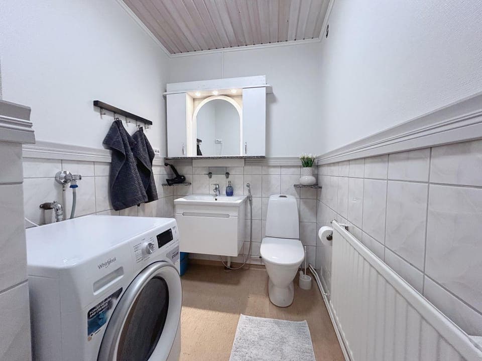 Toilet, towels, washing machine, dryer