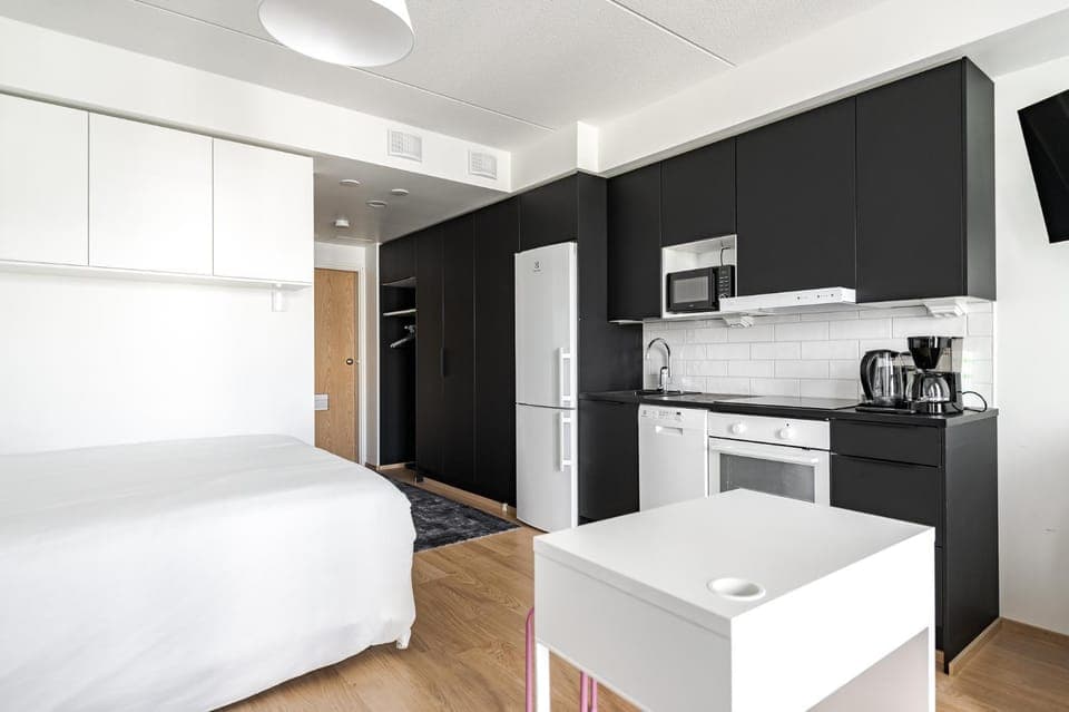 Bed, TV and multimedia, Kitchen or kitchenette, Photo of the whole room, Bedroom, oven, stove