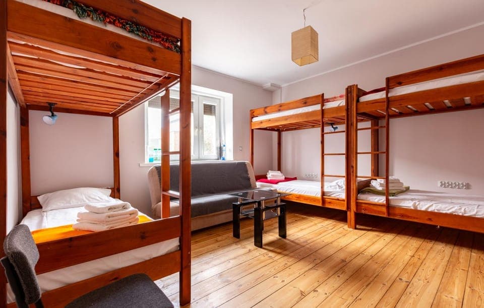 Bed, Photo of the whole room, Bedroom, bunk bed, towels, wardrobe