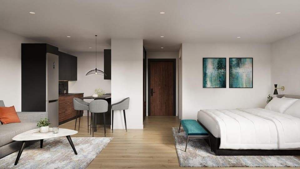 Bed, Kitchen or kitchenette, Living room, Photo of the whole room, Seating area, Family