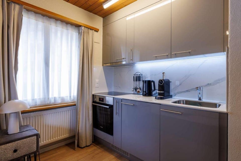 Coffee/tea facilities, Kitchen or kitchenette, oven, stove