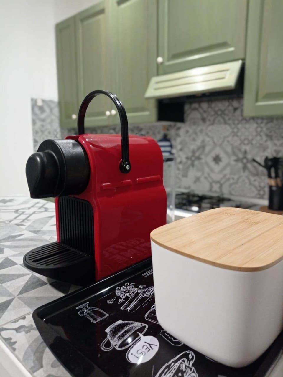 Kitchen or kitchenette, stove