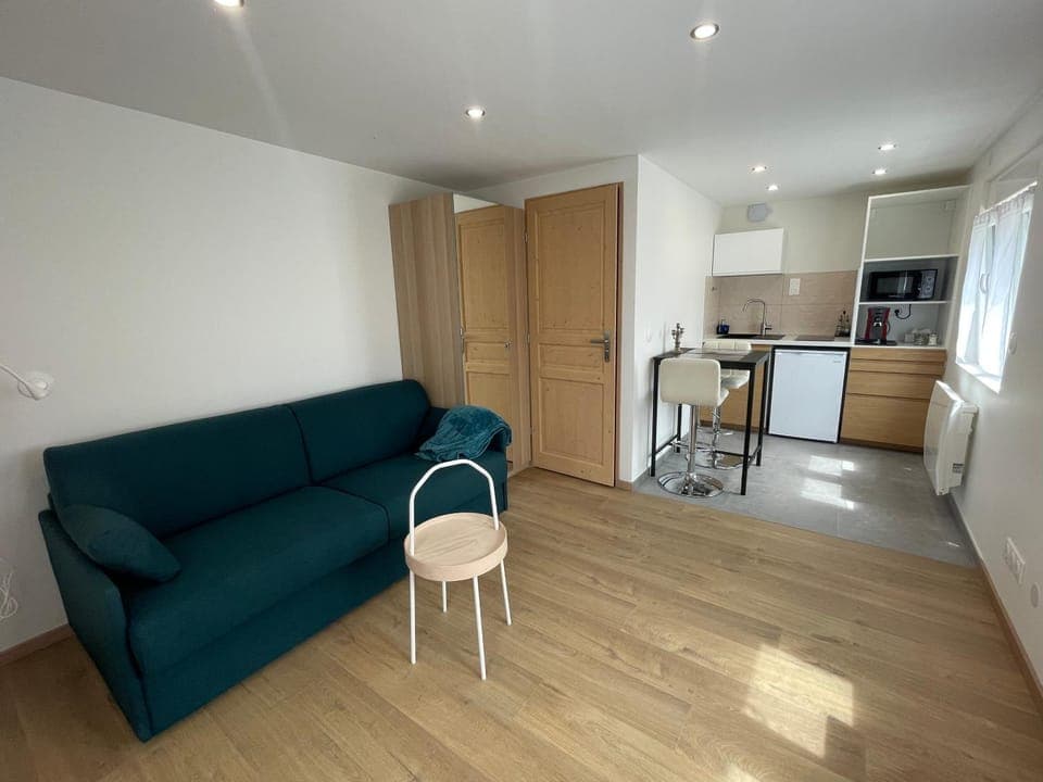 Kitchen or kitchenette, Living room, Seating area, Dining area, stove