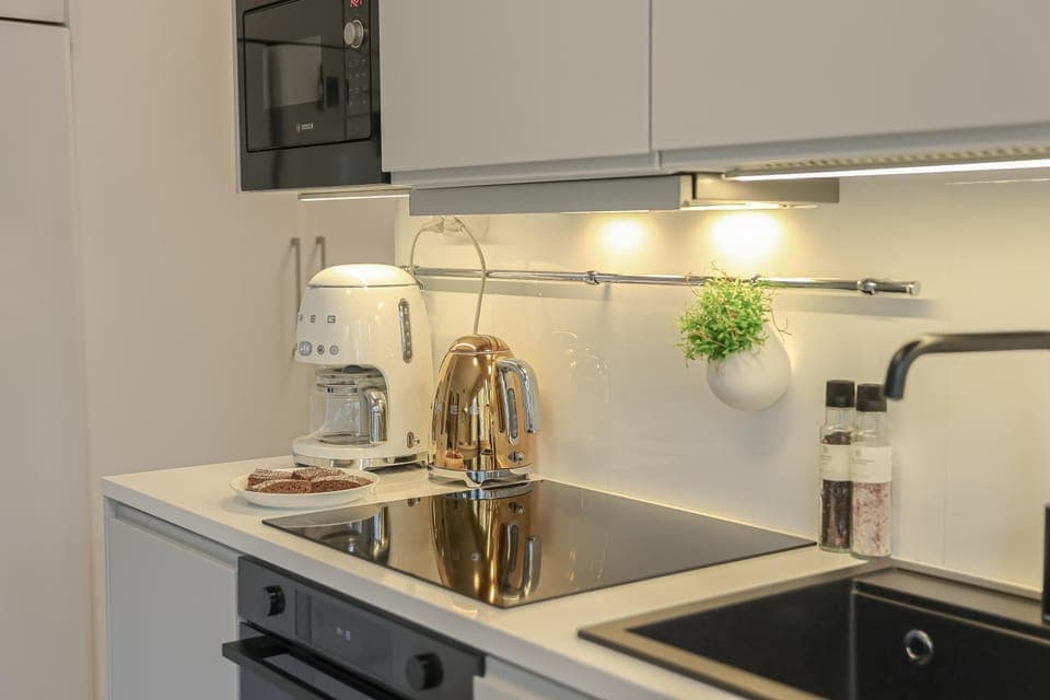 Kitchen or kitchenette, stove