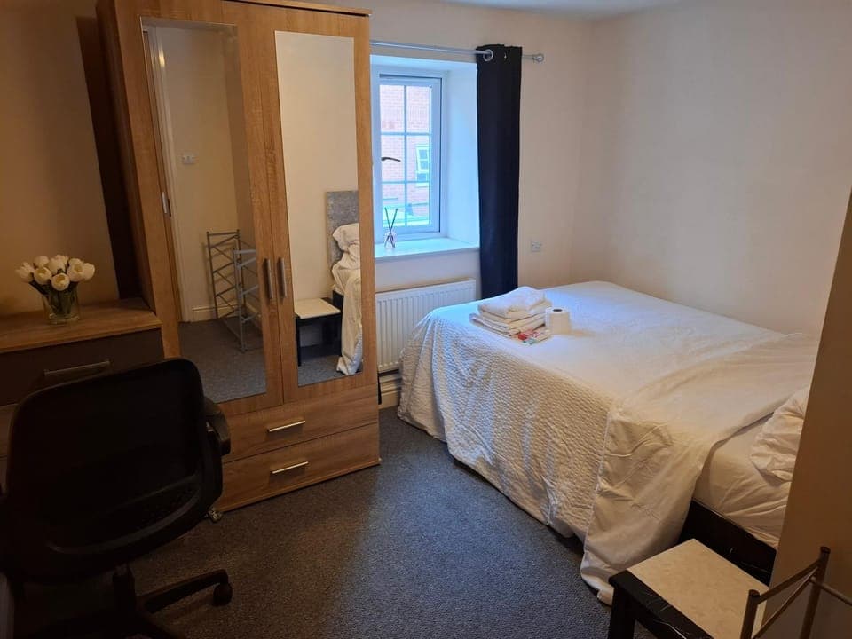 Bed, Parking, towels, wardrobe