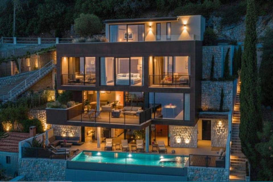 Property building, Night, Natural landscape, Pool view, Swimming pool, sunbed