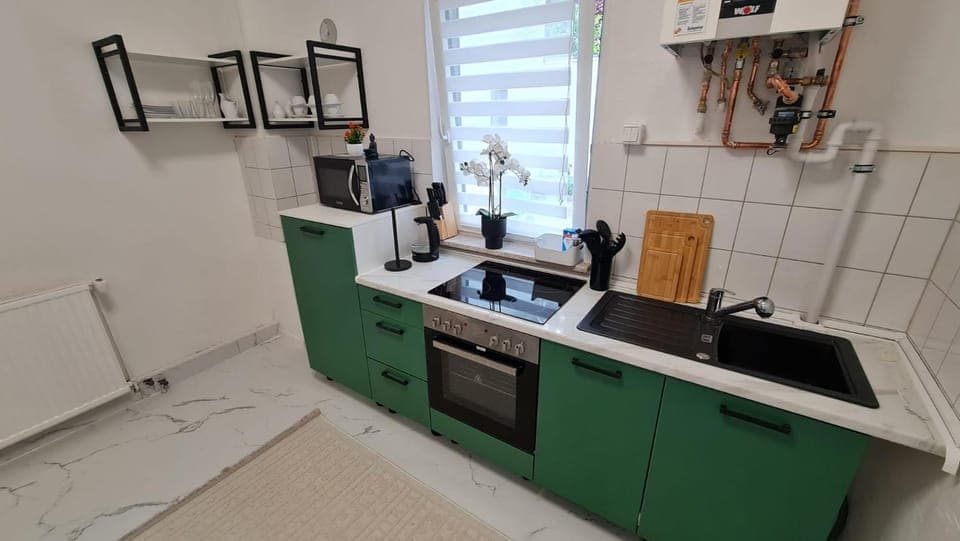 Kitchen or kitchenette, dishwasher, stove