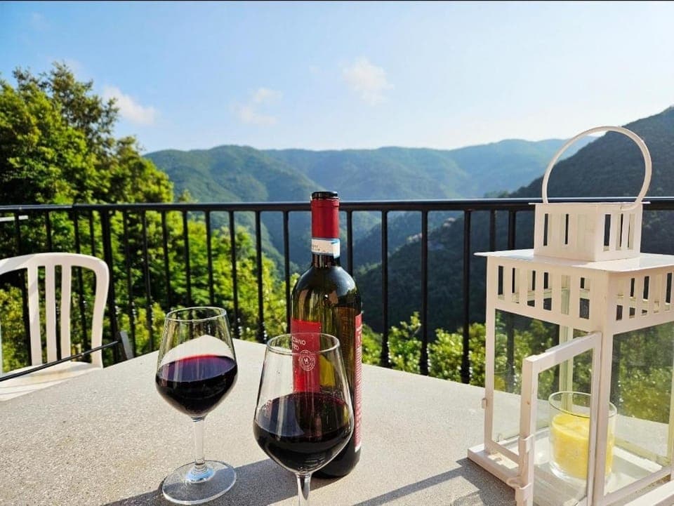 Day, Natural landscape, View (from property/room), Balcony/Terrace, Food and drinks, Dining area, Mountain view