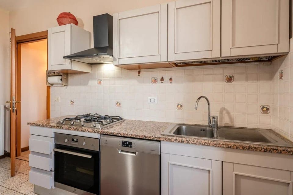 Kitchen or kitchenette, dishwasher, oven, stove
