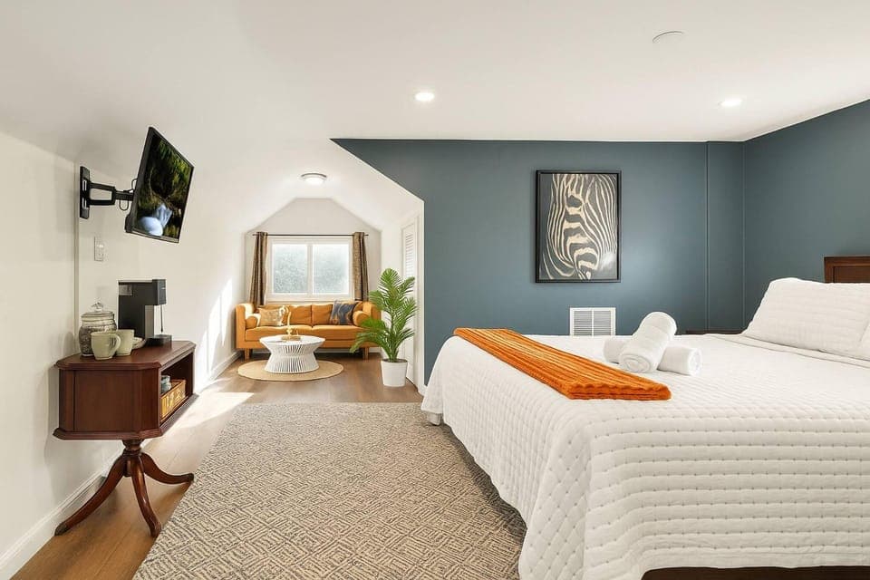 Bed, TV and multimedia, Decorative detail, Seating area, Bedroom