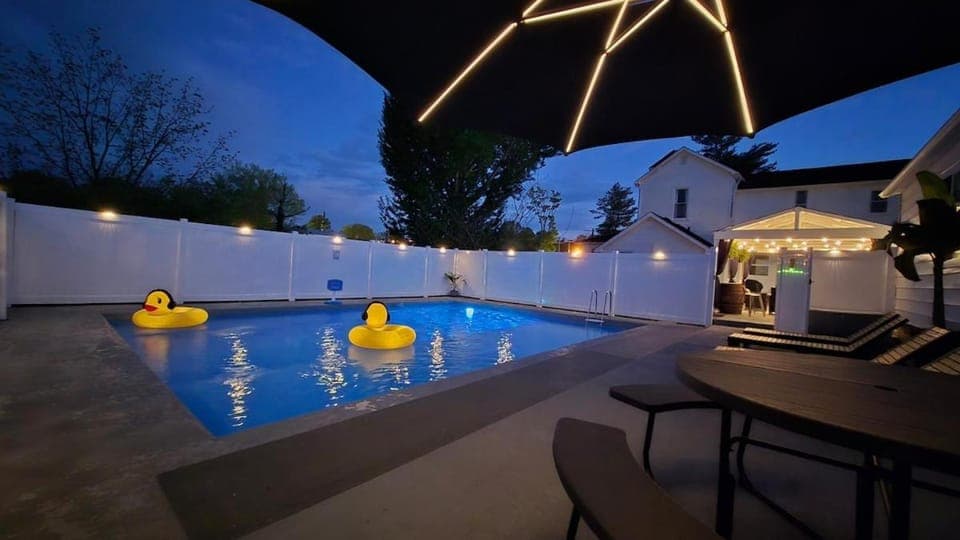 Patio, Night, Natural landscape, Pool view, Swimming pool, Swimming pool, sunbed