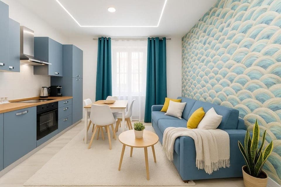 Kitchen or kitchenette, Living room, Seating area, Dining area, oven, stove