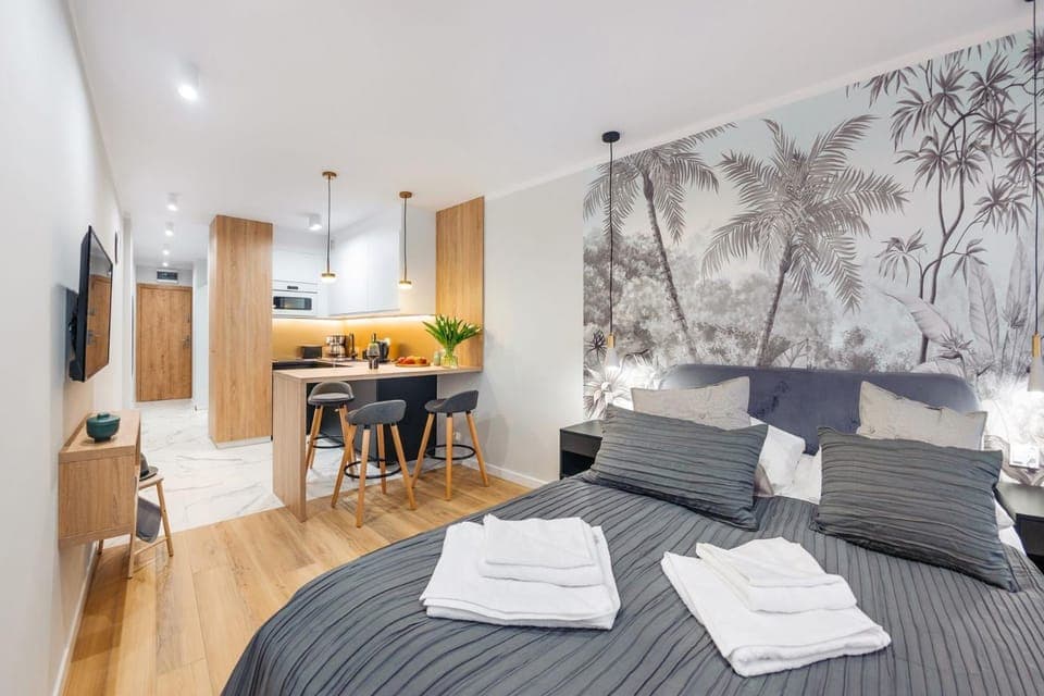 TV and multimedia, Kitchen or kitchenette, Living room, Photo of the whole room, Seating area, Bedroom