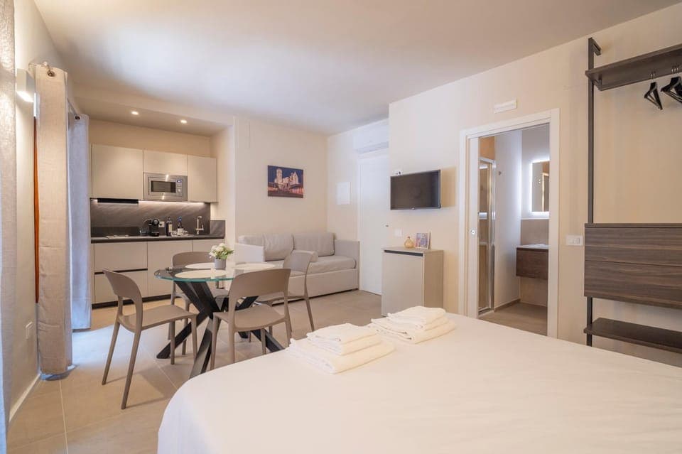 Bed, TV and multimedia, Kitchen or kitchenette, Photo of the whole room, Dining area, Bedroom