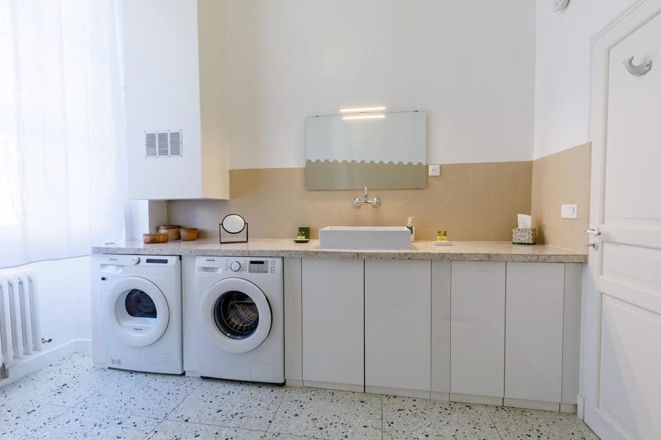 Bathroom, washing machine, dryer