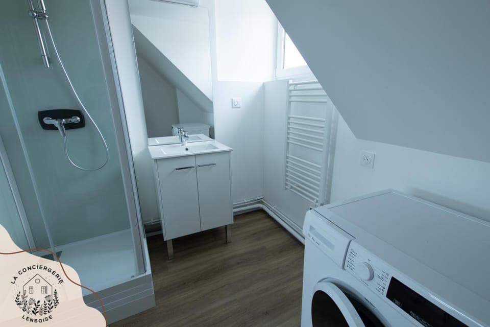 Bathroom, towels, washing machine