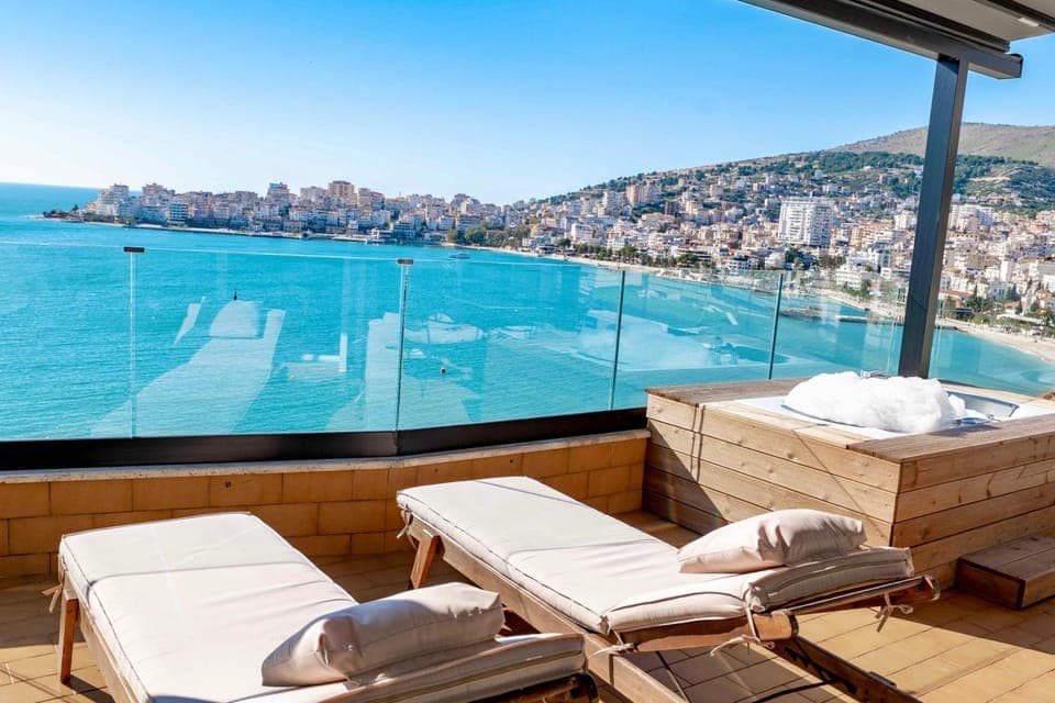 Patio, Day, View (from property/room), Balcony/Terrace, Seating area, City view, Sea view, sunbed