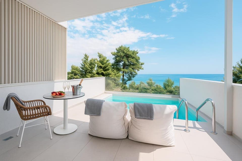 View (from property/room), Balcony/Terrace, Seating area, Dining area, Pool view, Sea view, Swimming pool, Swimming pool