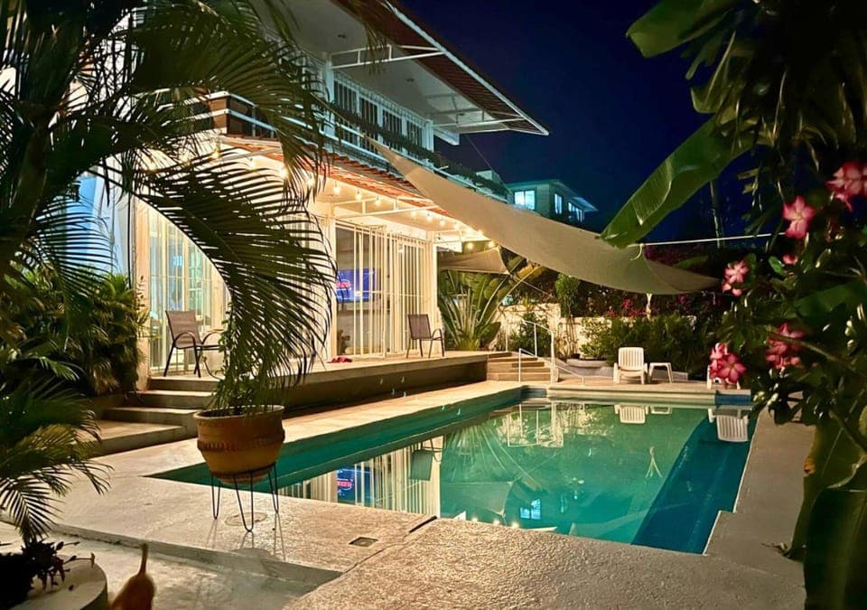 Property building, Patio, Night, Garden view, Pool view, Swimming pool, sunbed
