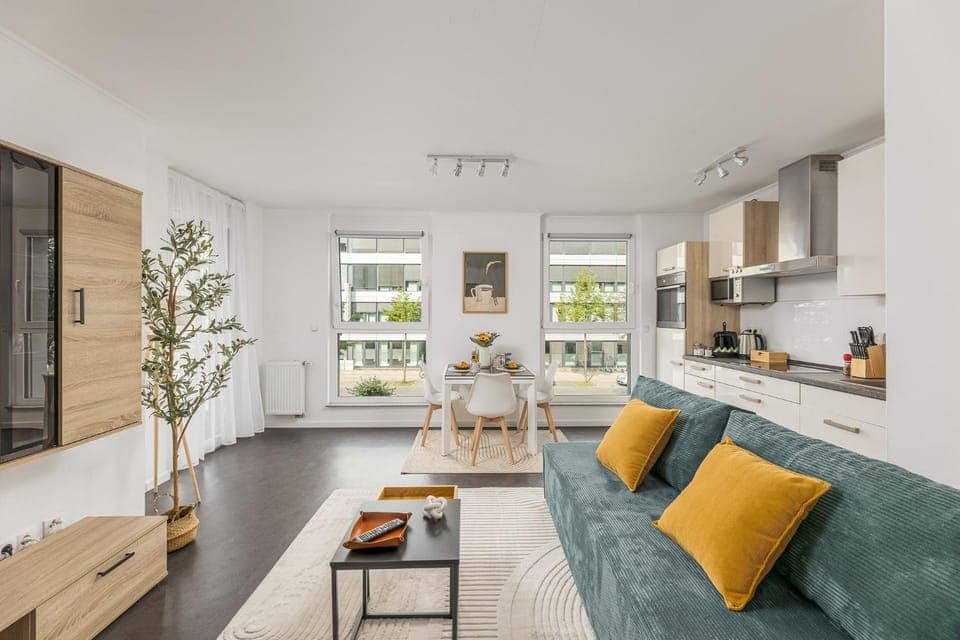 Kitchen or kitchenette, Living room, Seating area, Dining area, stove