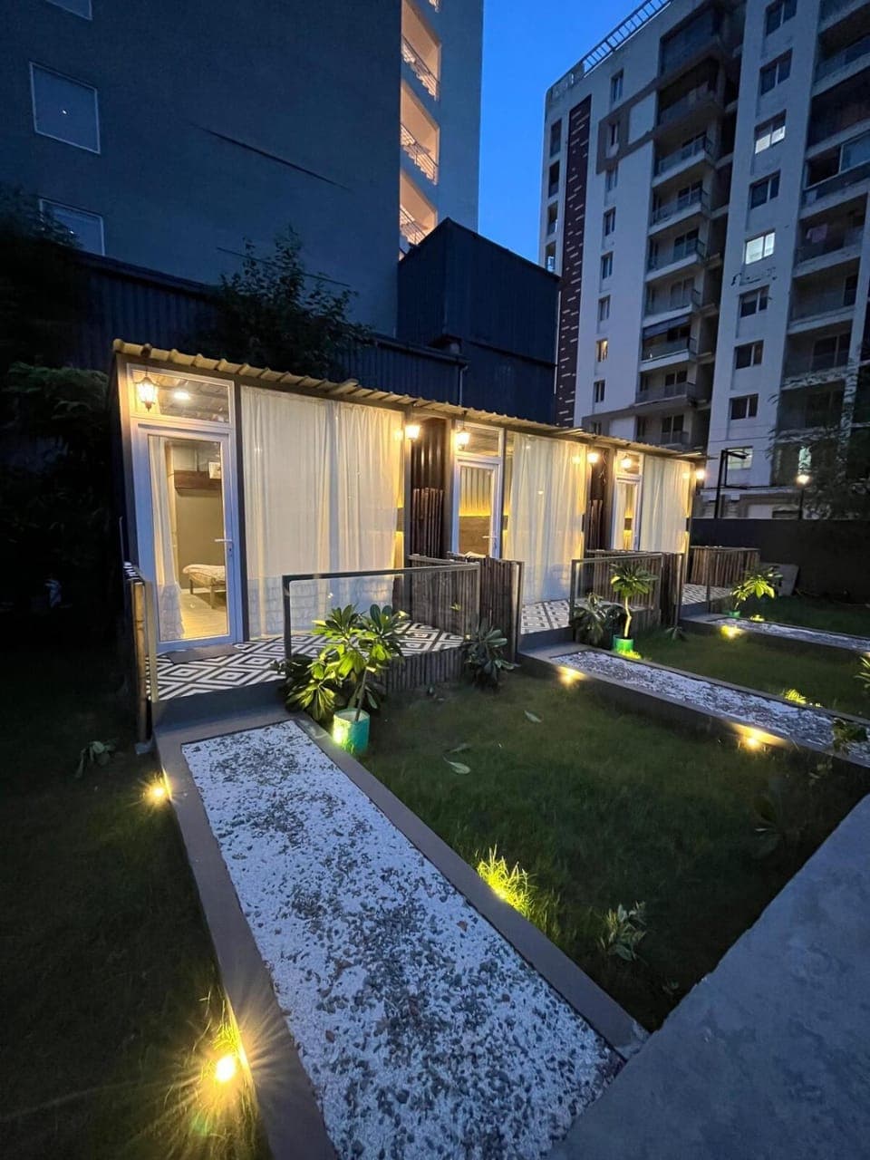 Property building, Patio, Night, Garden, Garden view
