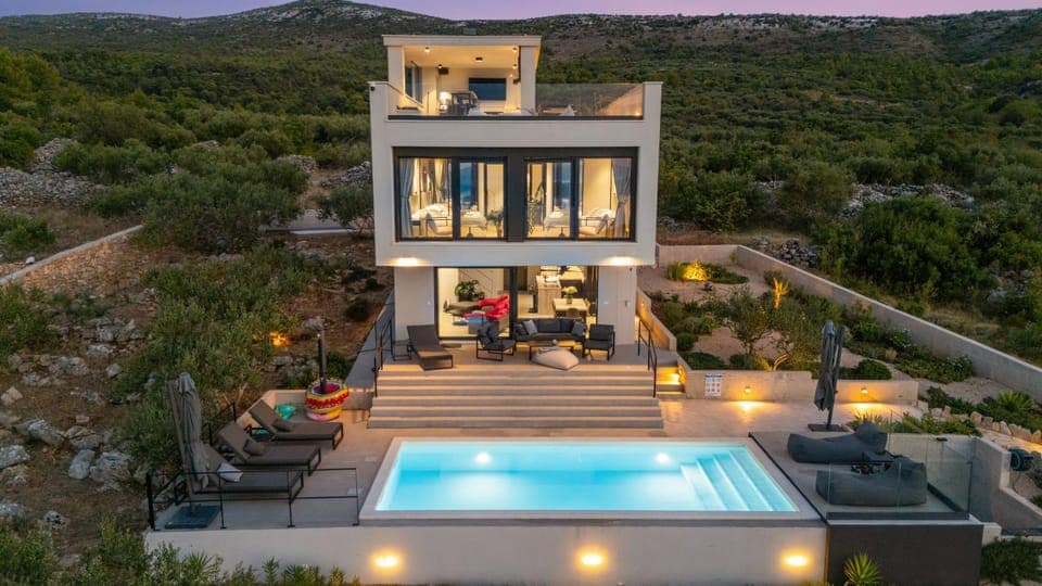 Property building, Night, Swimming pool