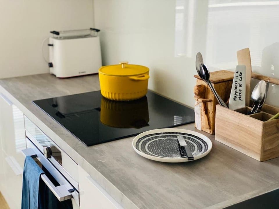 Kitchen or kitchenette, stove