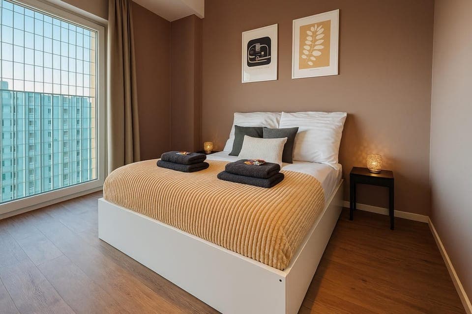 Bed, Photo of the whole room, Bedroom, towels