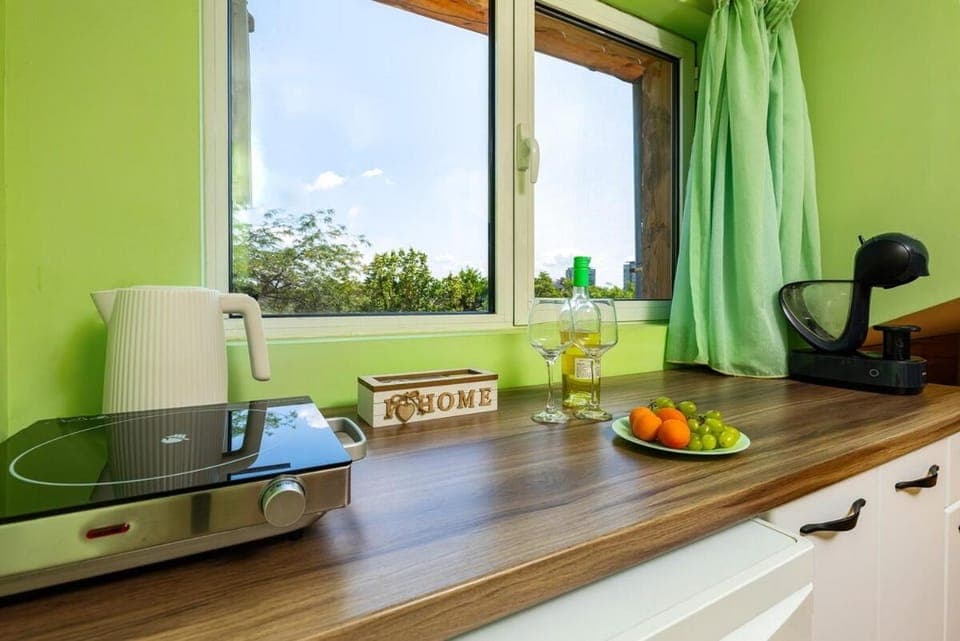 Kitchen or kitchenette, stove