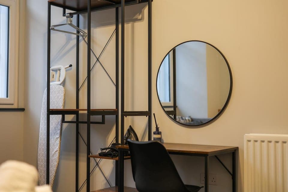 Bedroom, flat iron, hair dryier, wardrobe