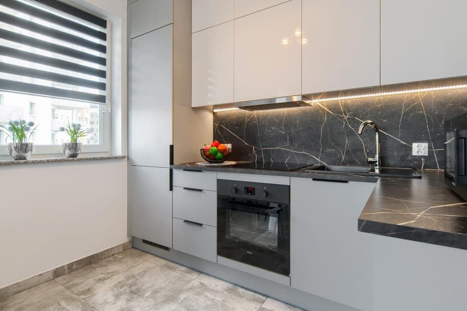 Kitchen or kitchenette, dishwasher, oven, stove