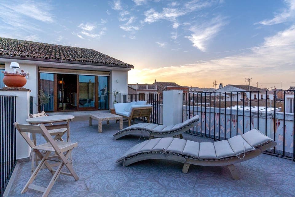 View (from property/room), Balcony/Terrace, Seating area, Sunset, sunbed