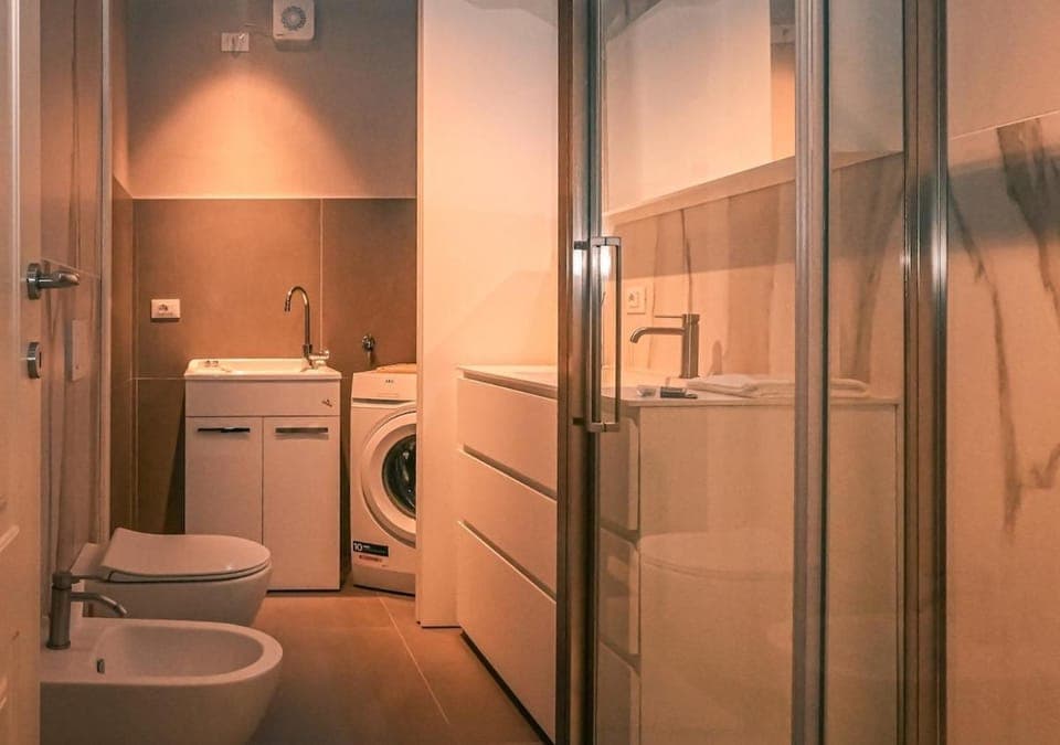 Shower, Toilet, Bathroom, bidet, towels, washing machine