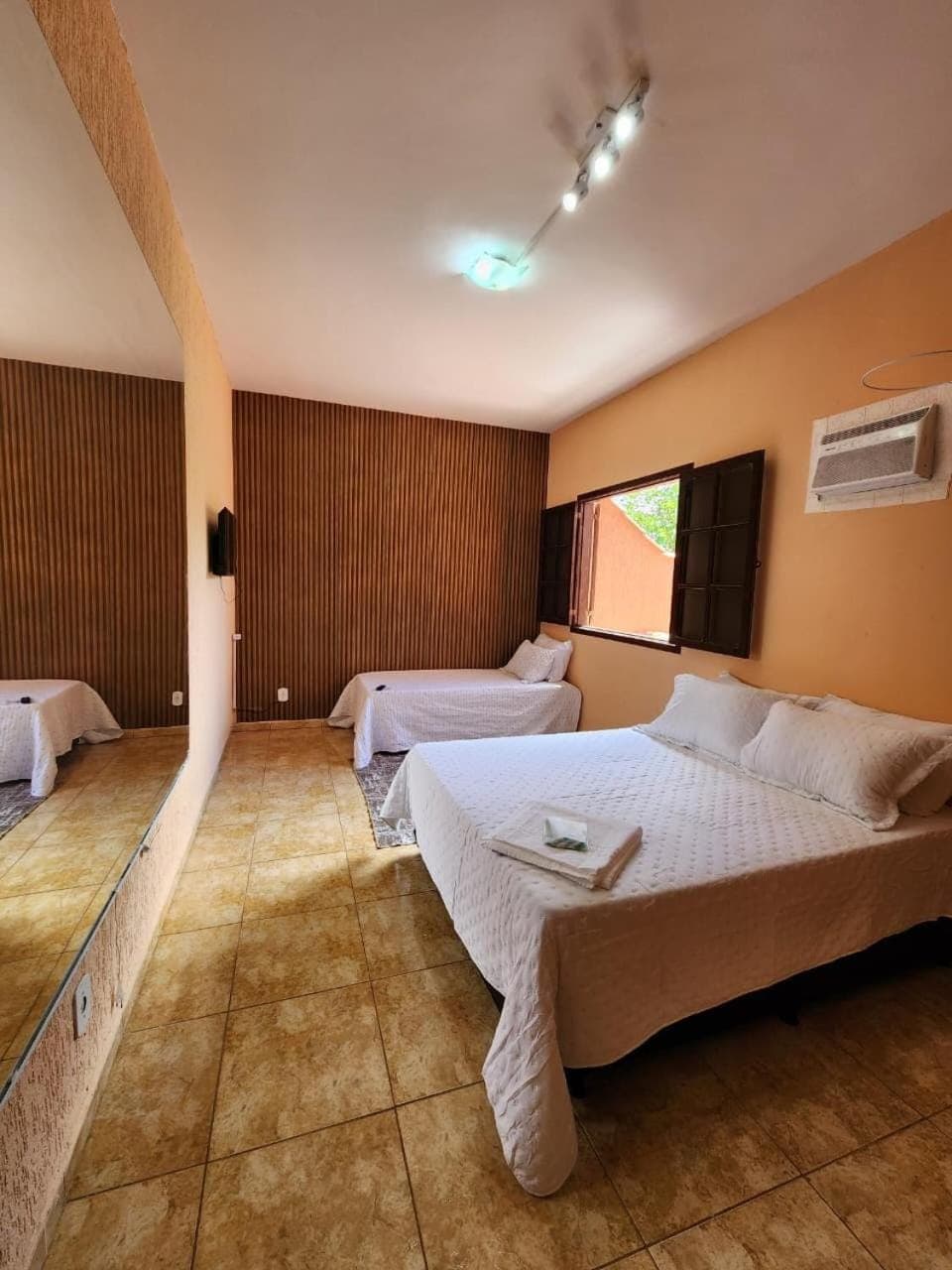 Bed, Photo of the whole room, Bedroom, towels, air conditioner