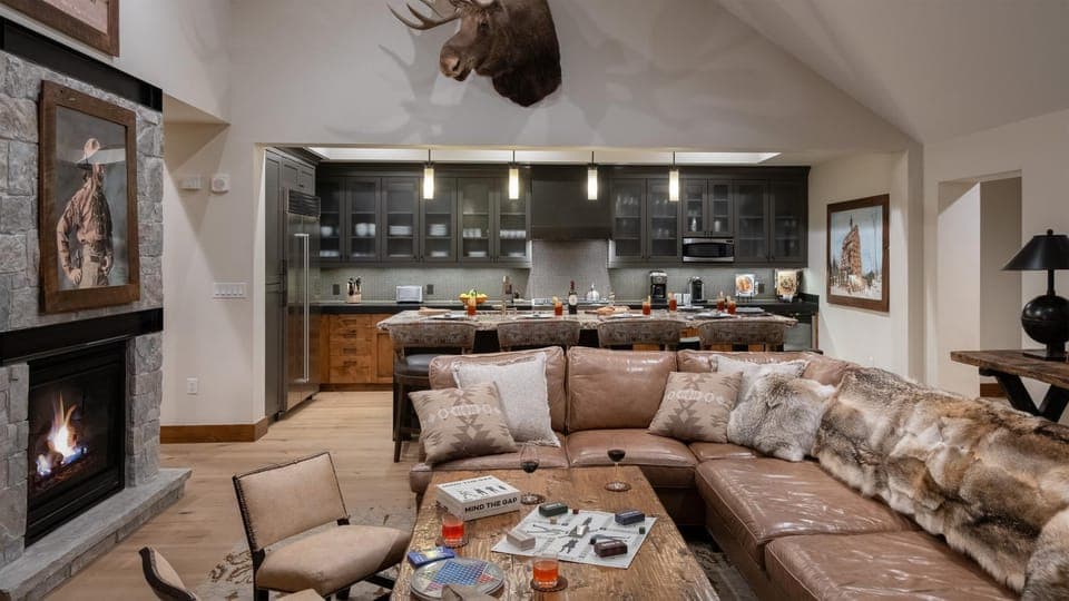 Living room, Seating area, fireplace, furniture, kitchen