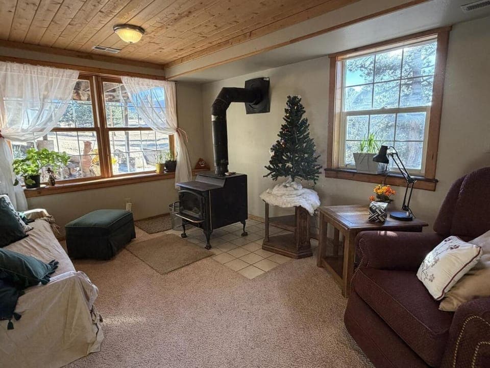 Living room, Seating area, Mountain view, fireplace