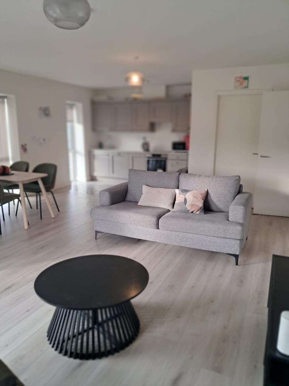 Kitchen or kitchenette, Living room, Seating area, Dining area