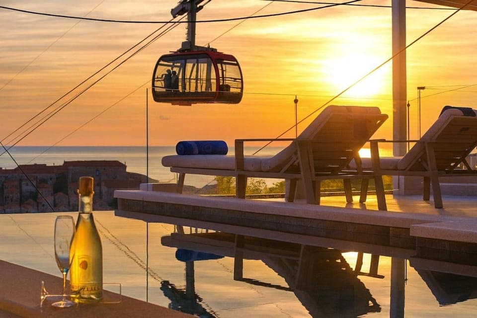 Pool view, Sea view, Swimming pool, Sunset, sunbed