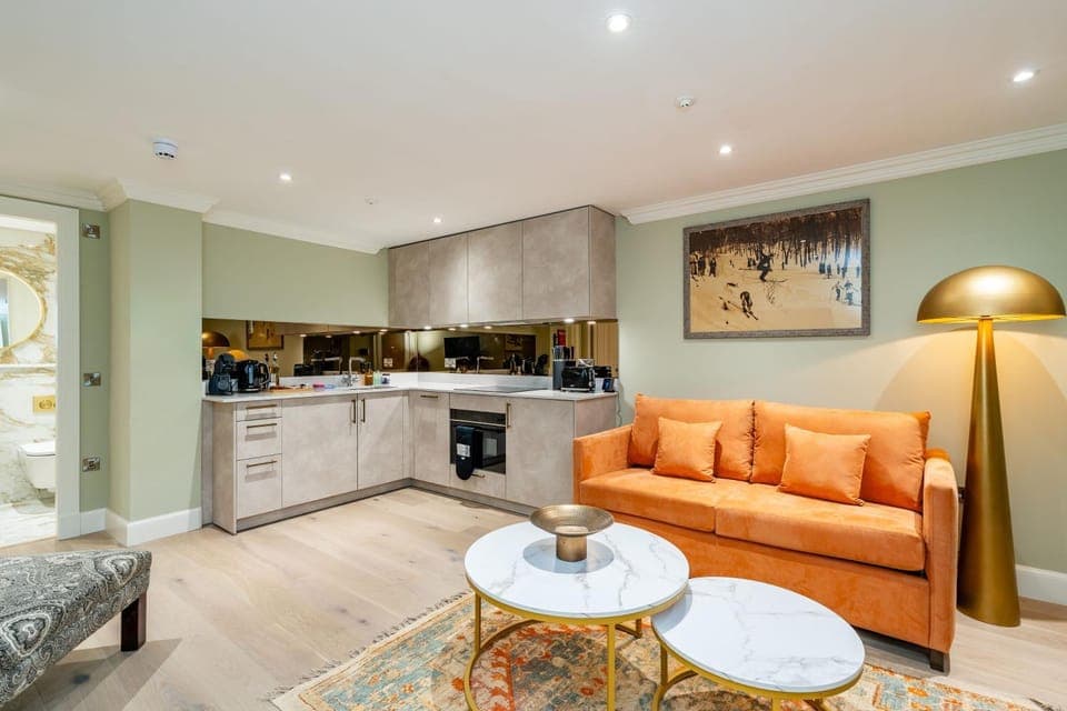 Kitchen or kitchenette, Living room, Seating area, dishwasher, oven, stove, toaster