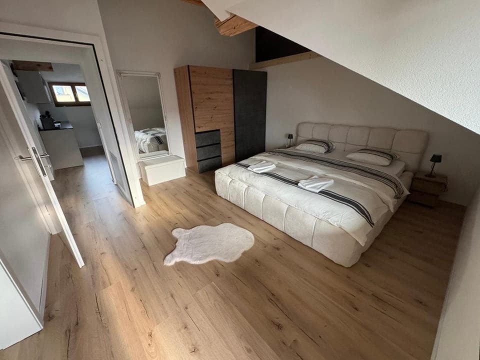 Bed, Photo of the whole room, Bedroom, towels, wardrobe