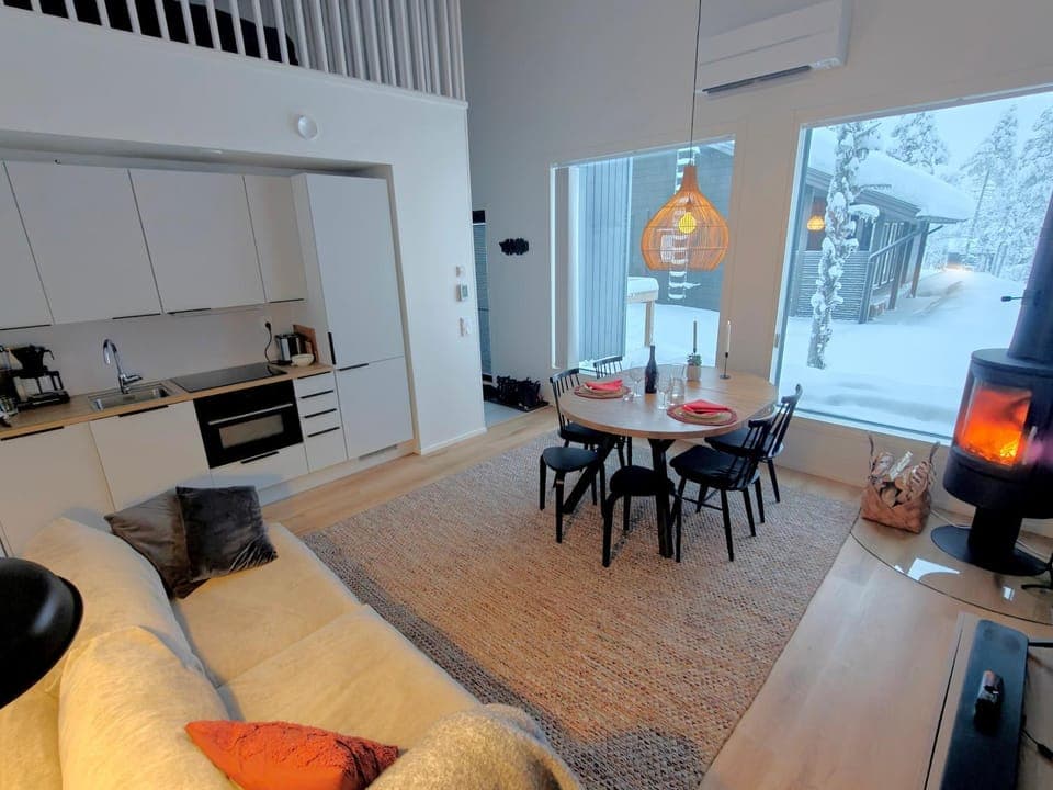 Living room, Dining area, dishwasher, microwave, oven, stove, kitchen