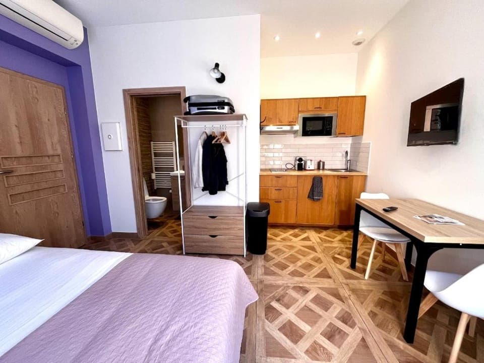 Bed, TV and multimedia, Kitchen or kitchenette, Photo of the whole room, stove, wardrobe, air conditioner