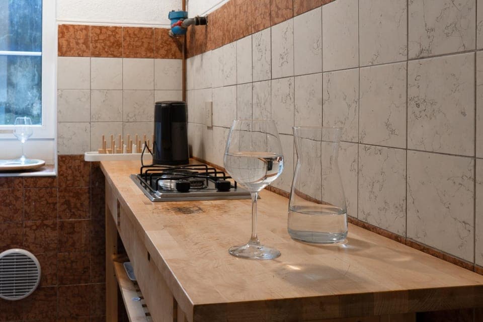 Kitchen or kitchenette, stove