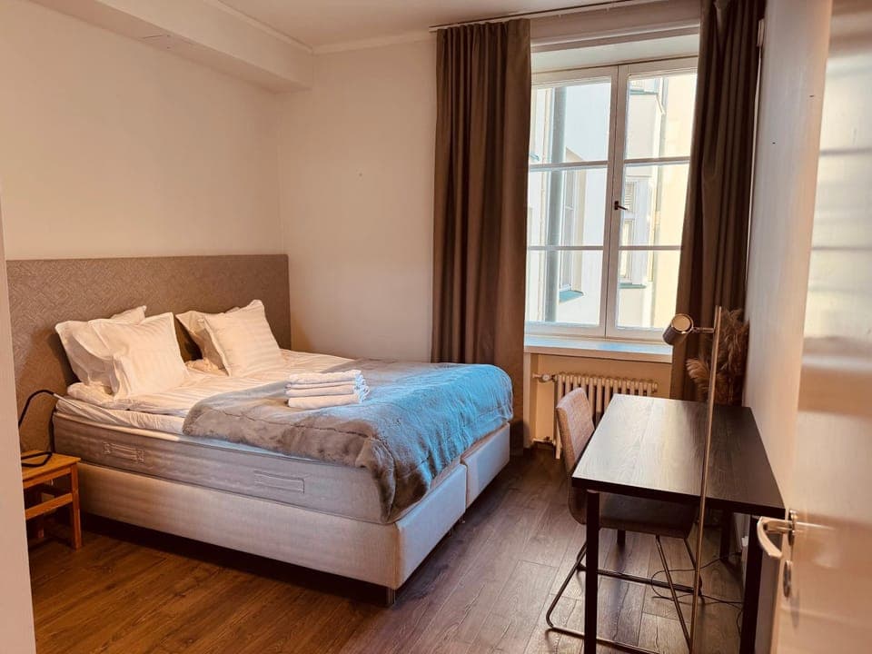 Photo of the whole room, Bedroom, hair dresser, towels