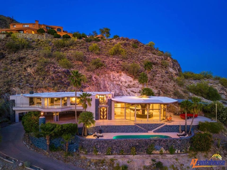 Property building, Night, Natural landscape, Bird's eye view, Swimming pool