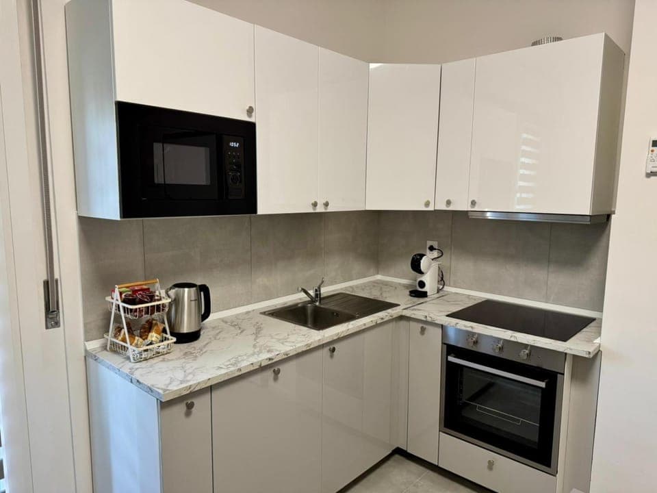 Kitchen or kitchenette, microwave, oven