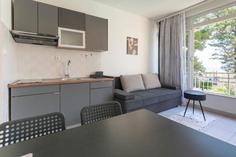 Kitchen or kitchenette, Living room, Seating area, Dining area